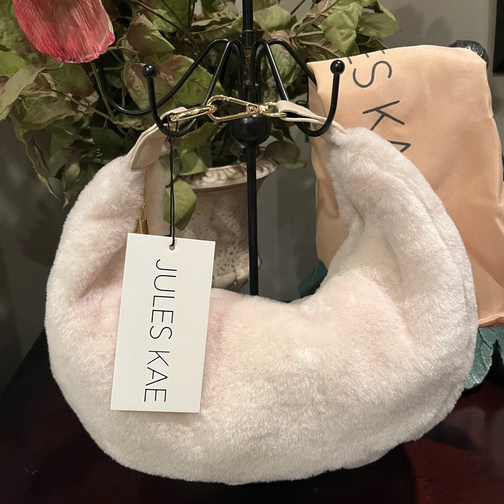 Jules Kae Ivory Faux Fur Vegan Hobo Handbag with Dust Bag